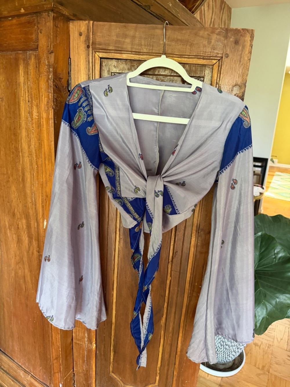Light Gray Kimono Cardigan with Blue Paisley Trim